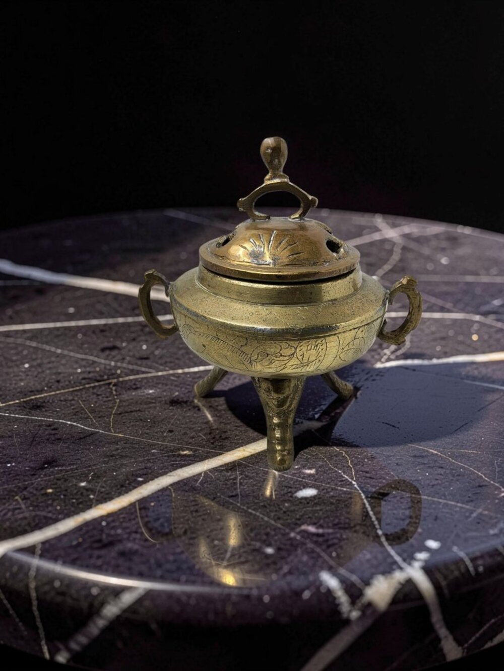 Vintage Solid Brass Chinese 3 Legged Intricate Design Incense Burner